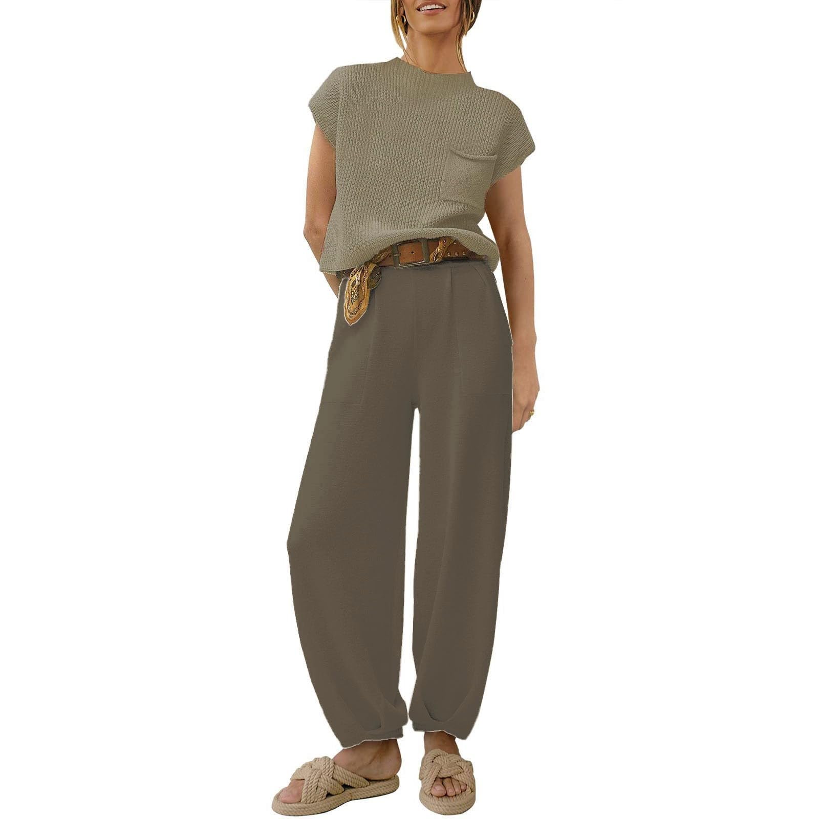 Ensemble de détente en tricot à manches courtes pour femme - 2 pièces