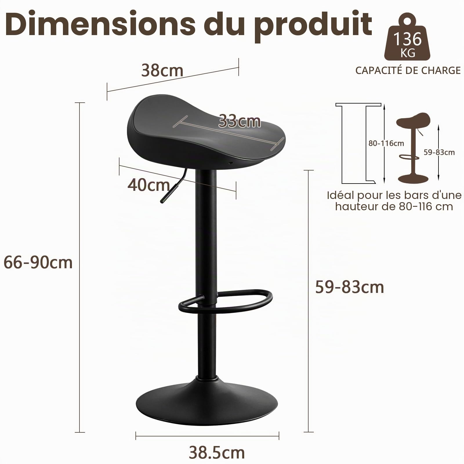 Kidol & Shellder Tabourets de Bar Chaises de Salle à Manger Lot de 2 Noir, Hauteur Réglable à 360°, Chaises de Bar en Plastique et Métal Creux, pour Maison Cuisine Comptoir Bistro…