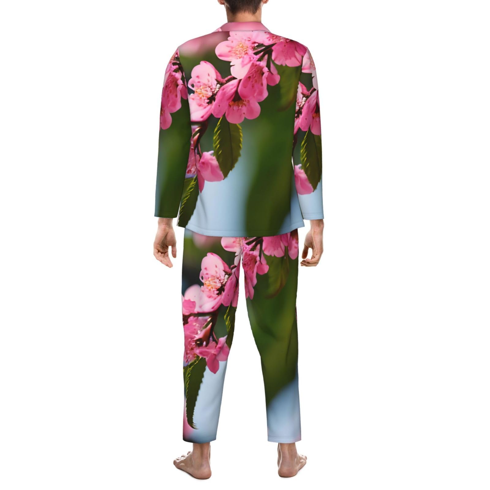 Rosa Cherry Blossoms 1 Stampa Uomini Manica Lunga Pigiama Set Sleepwear Due Pezzi Lounge Set Traspirante Nightwear