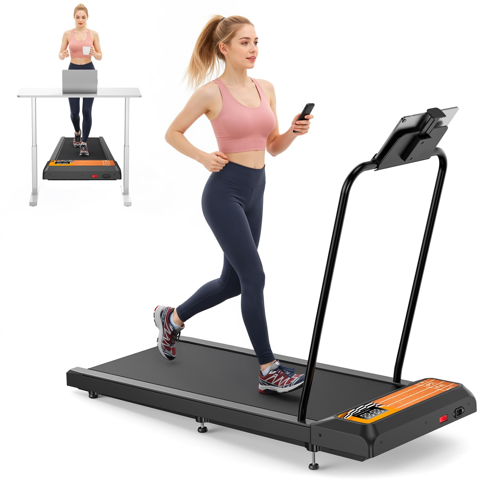 HOELLL Treadmills for Home Small with 0%-8% Incline and APP Sync, Compact Under Desk Walking Treadmill Pad with Handle Bar Removable, Remote Control