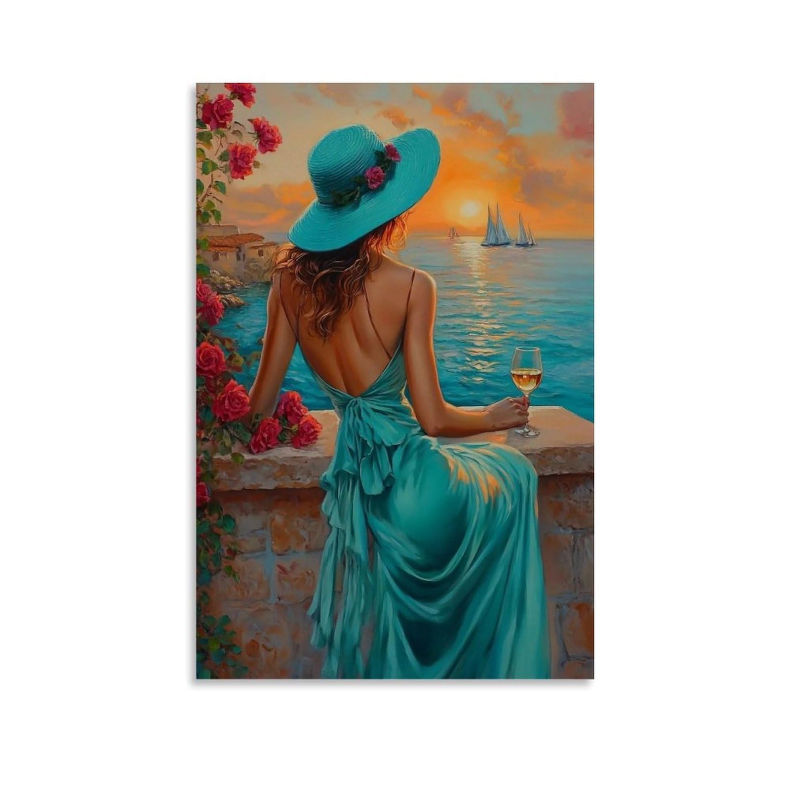 HUERYRYHY Sunset Wine on Mediterranean Terrace 02 Poster Wall Art Canvas Vintage Aesthetic Painting Decor for Rooms 08x12inch Unframe-style