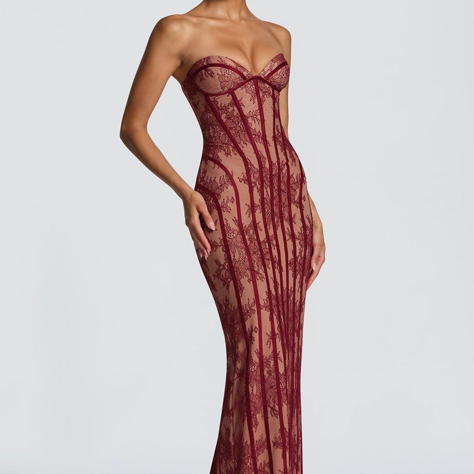 Abito da sera lungo formale da donna, senza spalline, pizzo floreale, corsetto, abito stretto per eventi sul tappeto rosso ed elegante riunioni, maxi abito aderente