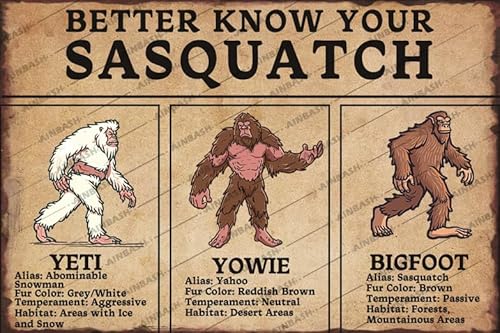 Oudrspo Better Know Your Sasquatch Tin Sign Bigfoot Yeti Yowie Metal Signs Vintage Bigfoot Decor For Yard Garage Living Room Sasquatch Gifts 8x12 Inch