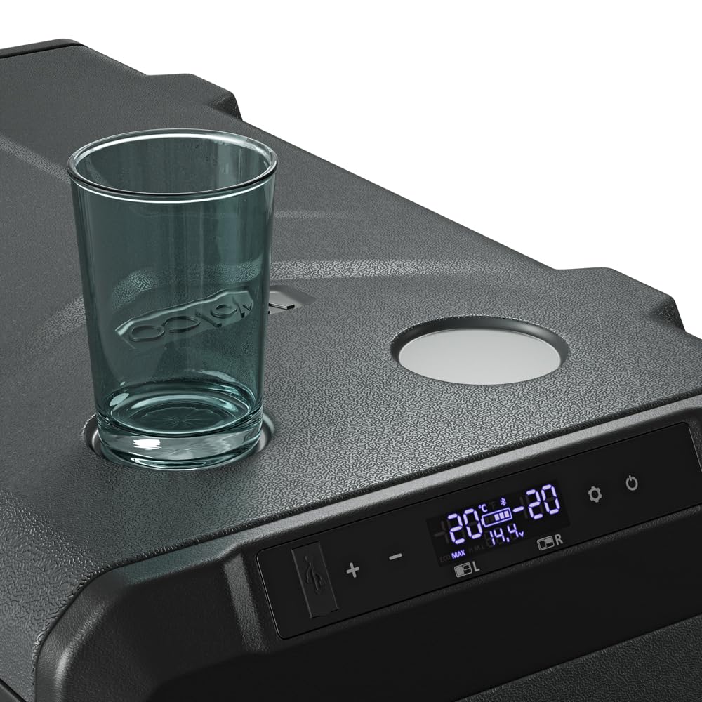Yolco TCX50 Carbon kompresorowa lodówka podróżna 50 l + akumulator – Dual Zone, -20°C, 12/24 V i 230 V, aplikacja Bluetooth, lodówka i zamrażarka z rolkami, na kemping i w podróży