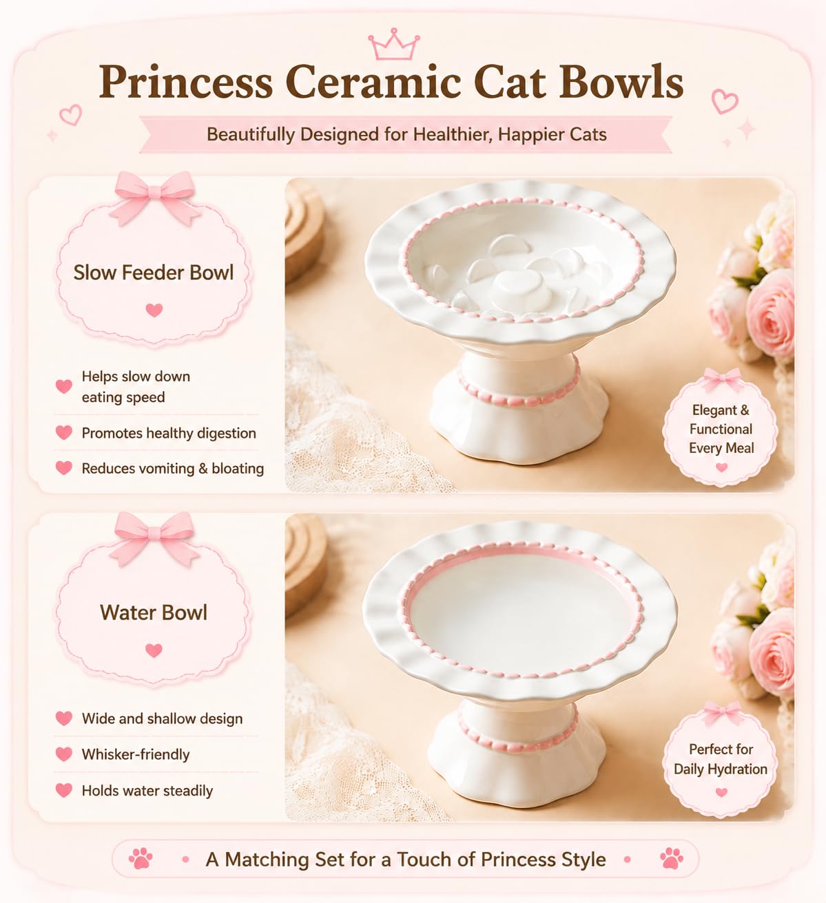 Lot de 2 gamelles surélevées en céramique pour chat avec alimentation lente et eau - Protection du cou - Anti-étouffement - Décoration d'intérieur élégante et cadeau pratique pour les parents