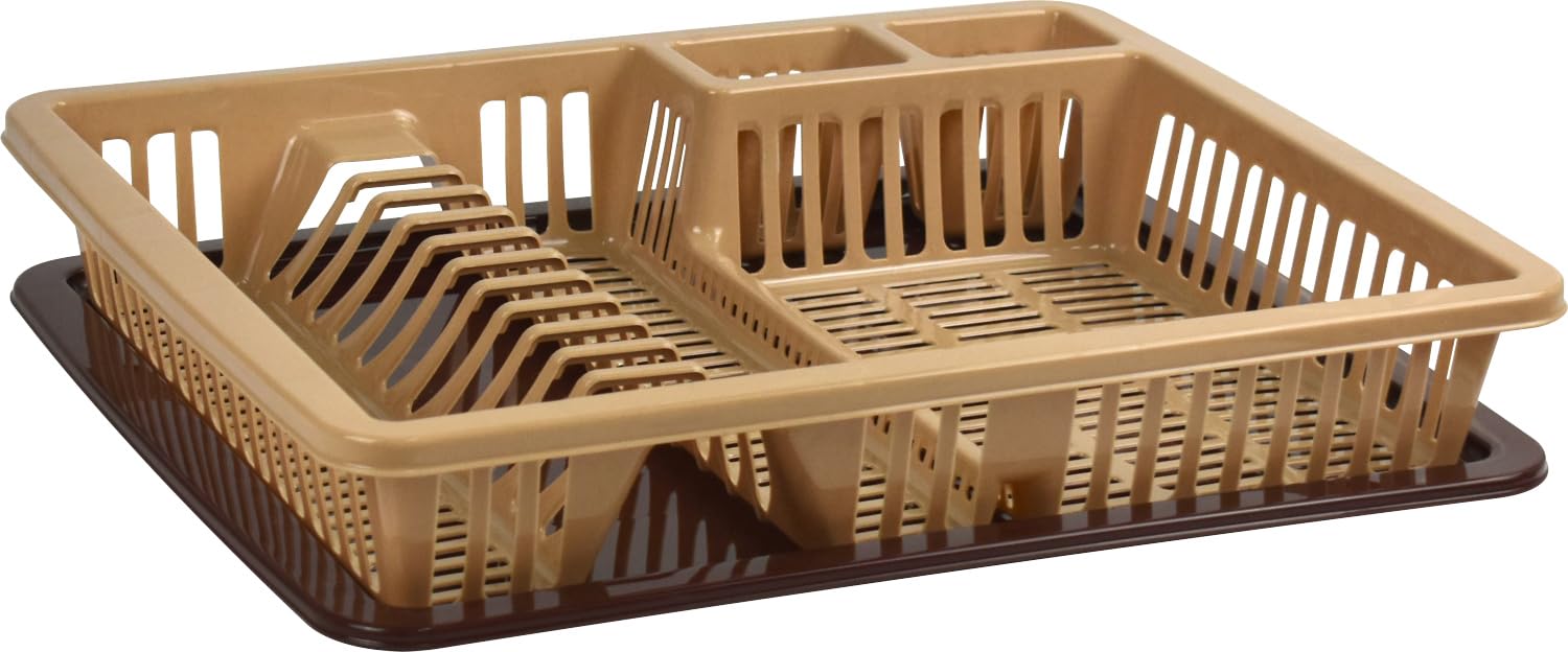 Catergold Dish Drainer Rack Premium Plastic Large Dish Drainer with Drip Tray for Plates, Cutlery, Cups, Kitchen Sink Utensil Drying Rack (Brown)