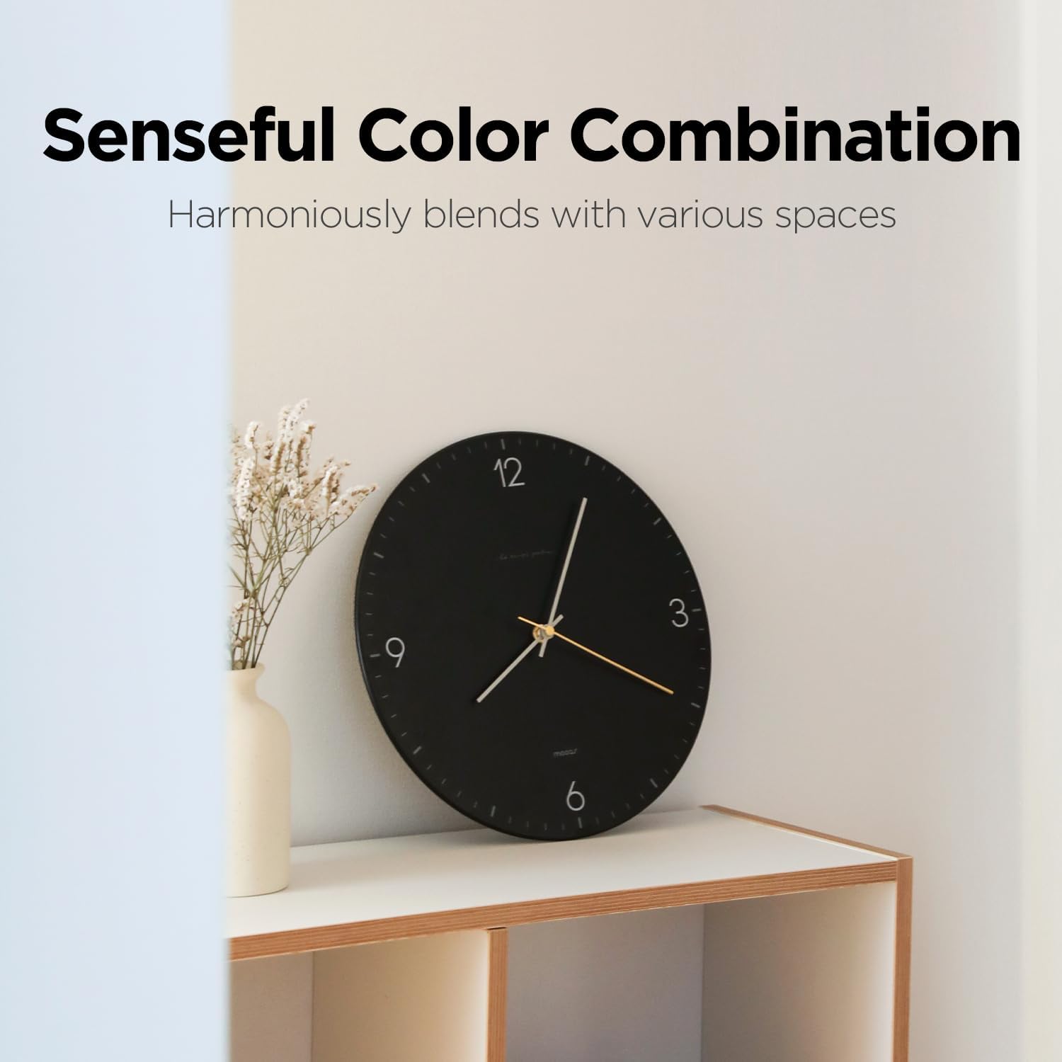 mooas Flatwood Wall Clock,12" Non-Ticking Sweep Movement Decorative Battery Operated Wall Clock for Home Living Room Kitchen Bedroom Office School (Simple Black)