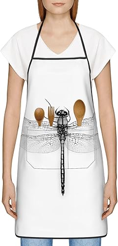 Miniatura 9 de Unisex Apron With Pocket, Black And White Dragonfly Chef Apron For Cooking, Bbq & Crafts, Spillproof Kitchen Protection Bib With Large Utility
