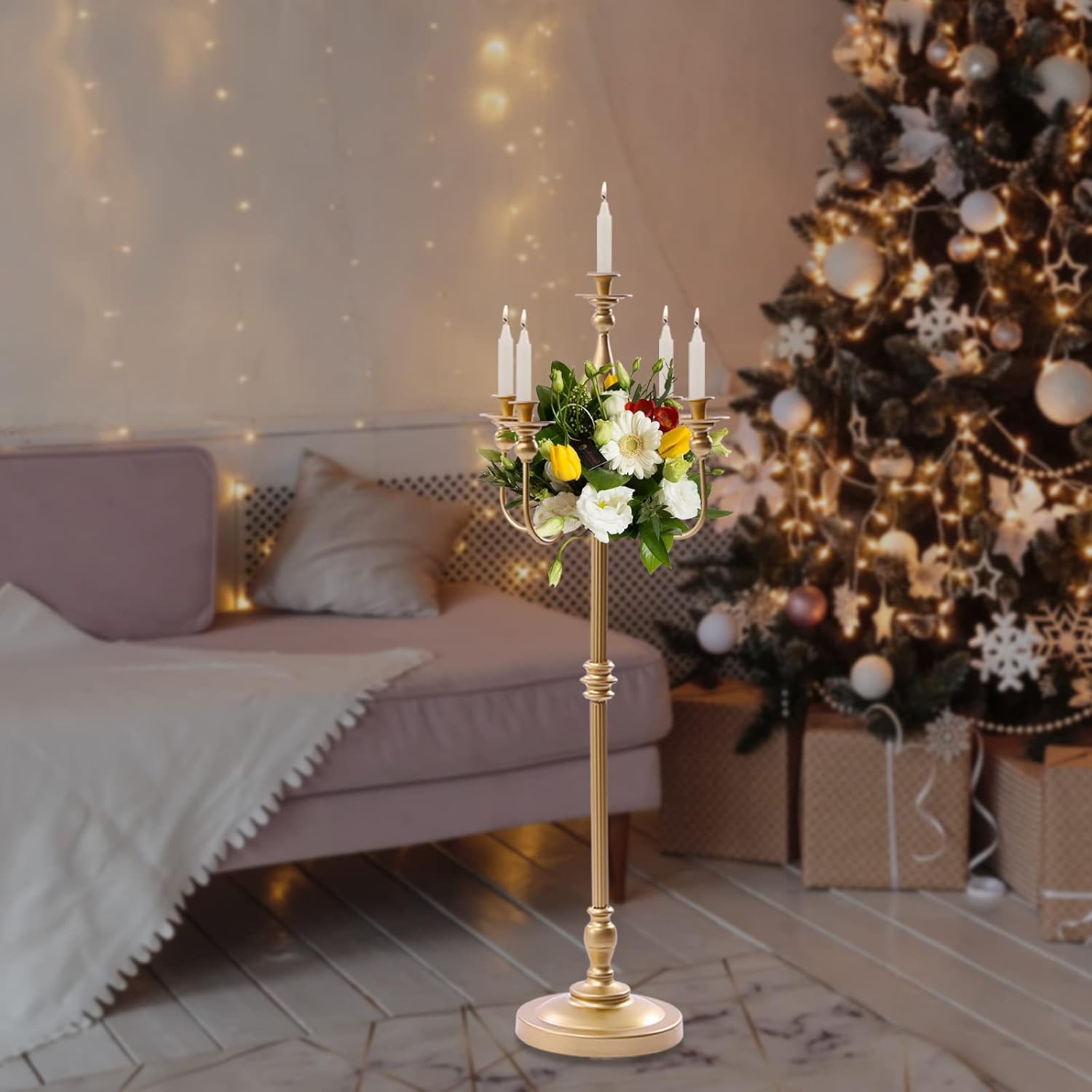 5 Arm Candelabra, 50In Floor Standing Candle Holders for Candlesticks - Gold Candelabra for Centerpiece Decorations Wedding Party Dinner Home Holiday Decor Christmas Decorations Surprises