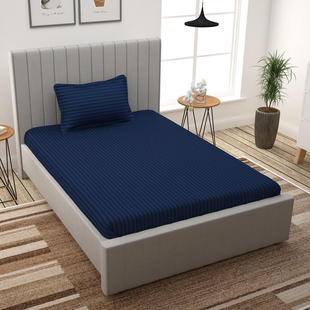 Cotton Solid/Stripes Elasticated Single Fitted Bedsheets with 1 Pillow Covers | Breathable | Size -60x90 Inches Deep Pocket Home-Hotels-Hospital-Guest House, Color-Navy Blue-image-26