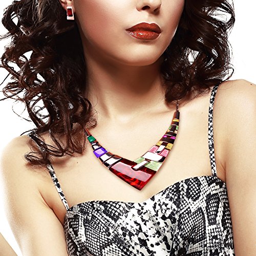 HONEYJOY Womens V Fasion Multi-color Crystal Choker Statement Necklace and Earrings Sets Pendant Jewelry