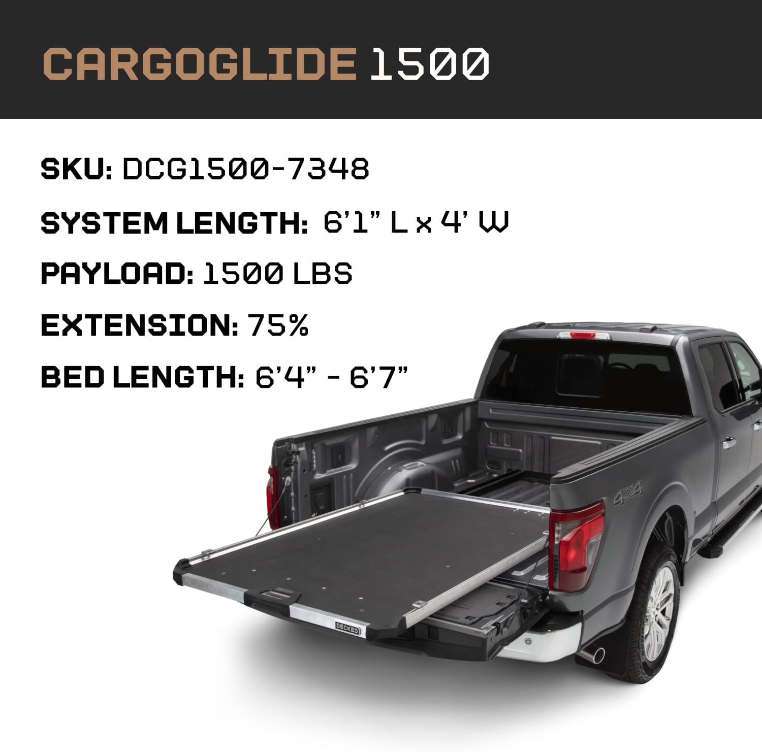 CargoGlide Truck Bed Slide – 1500 lb Capacity, 75% Extension – Heavy-Duty Pickup Cargo Slide for Easy Bed Access – Compatible with CargoGlide 1500/75% / 48" W / 73" L for Fullsize - Standard