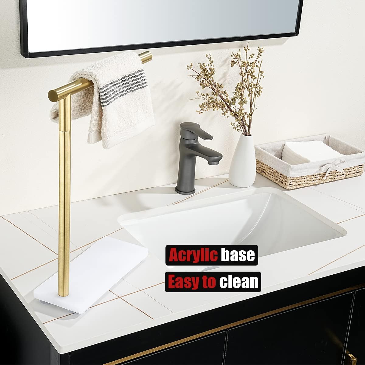 JQK Hand Towel Holder Stand Brushed Gold, Modern Tree Rack Free Standing for Countertop with 12 Inch Bar, 304 Stainless Steel Thicken 0.8mm White Base, HTT170-WG