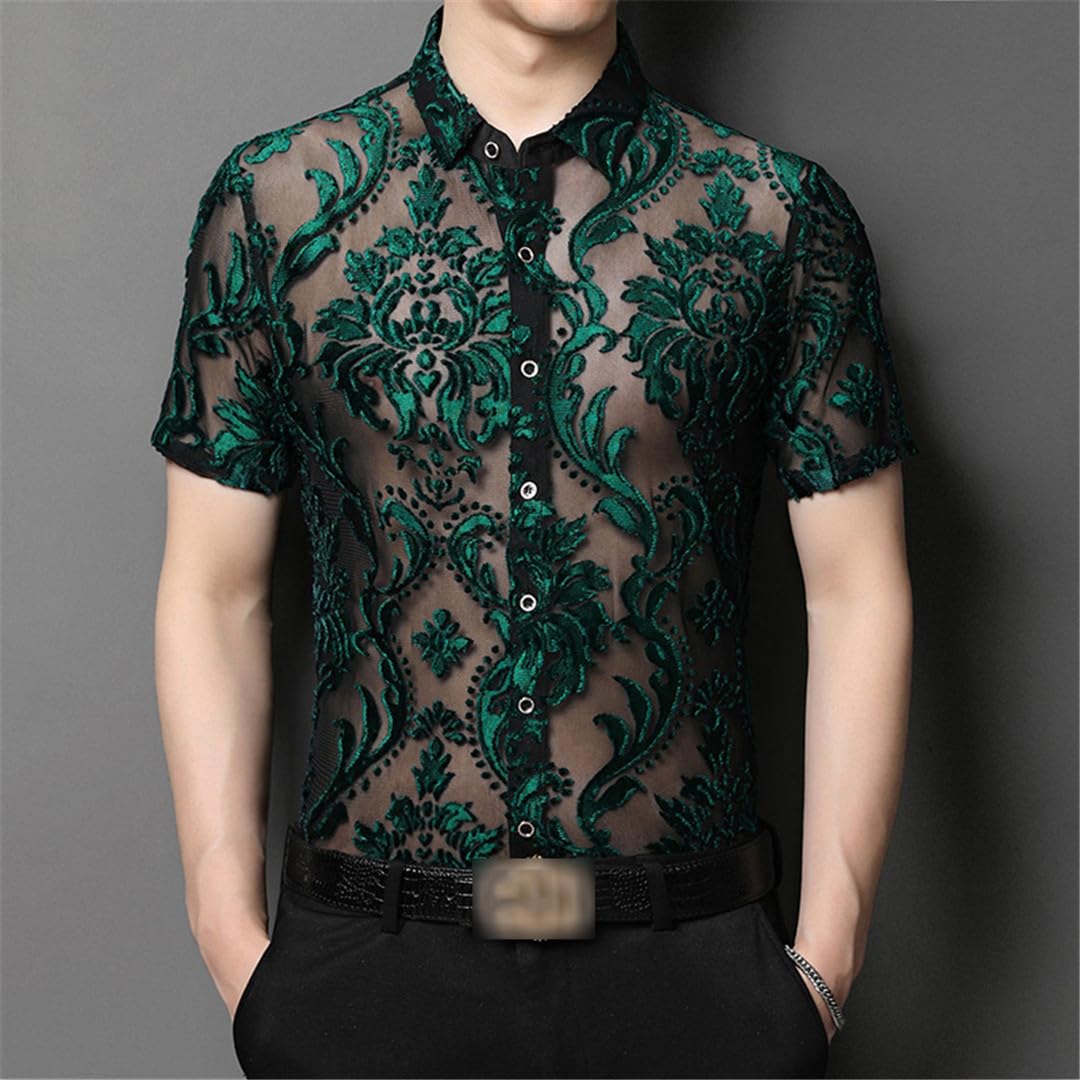 Yeuyyben EN8 Camicia Trasparente con Ricamo Floreale Gli Uomini Vedono Attraverso Le Camicie Eleganti Sexy Camicetta Trasparente in Pizzo da Festa Sociale da Uomo