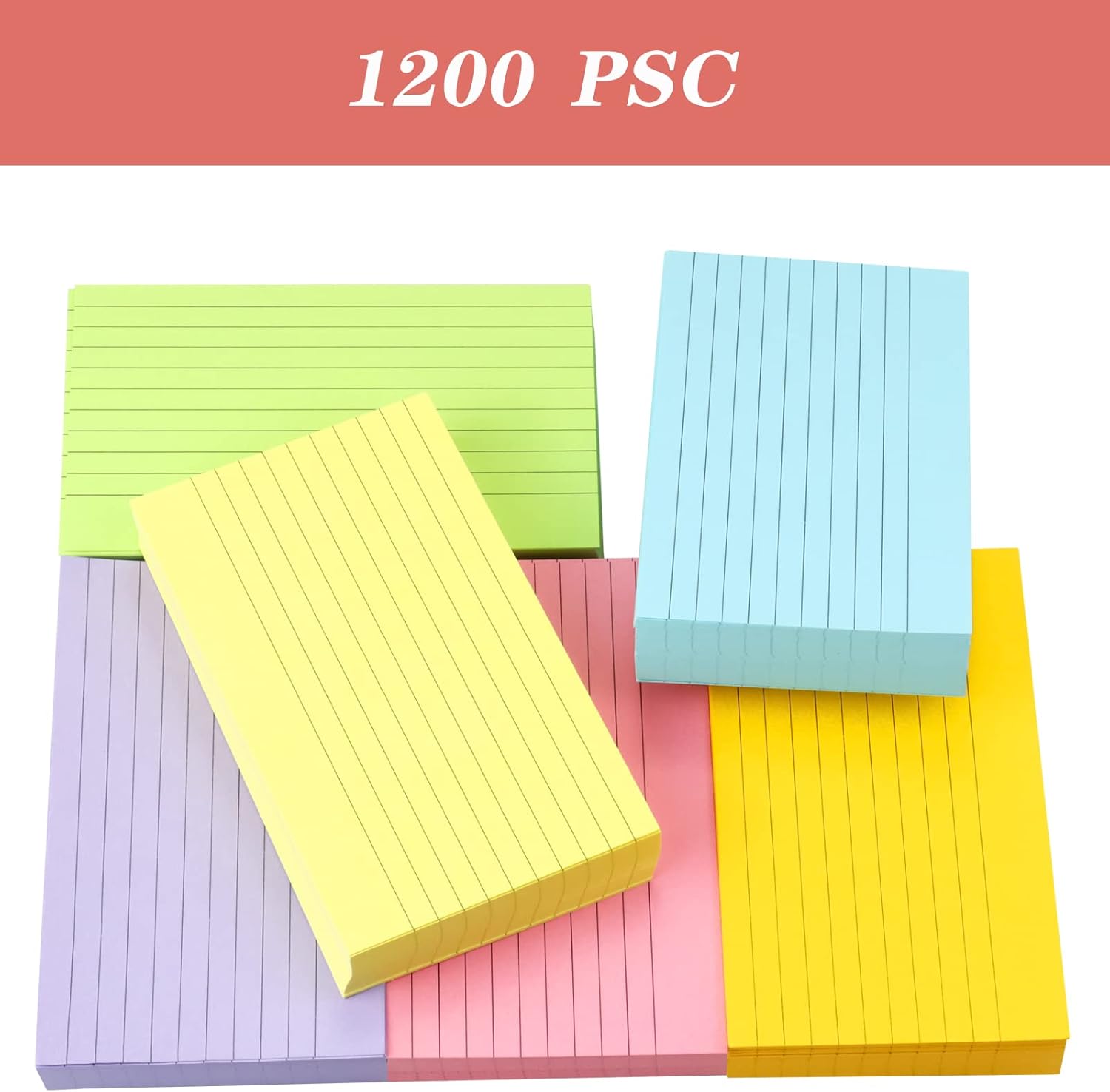 Tecmisse 1200 PCS Ruled Index Cards, 3x5 Inches Colorful Index Cards, Heavy Note Cards, Study Cards for School, Learning, Memo Scratch Pad, 6 Colors