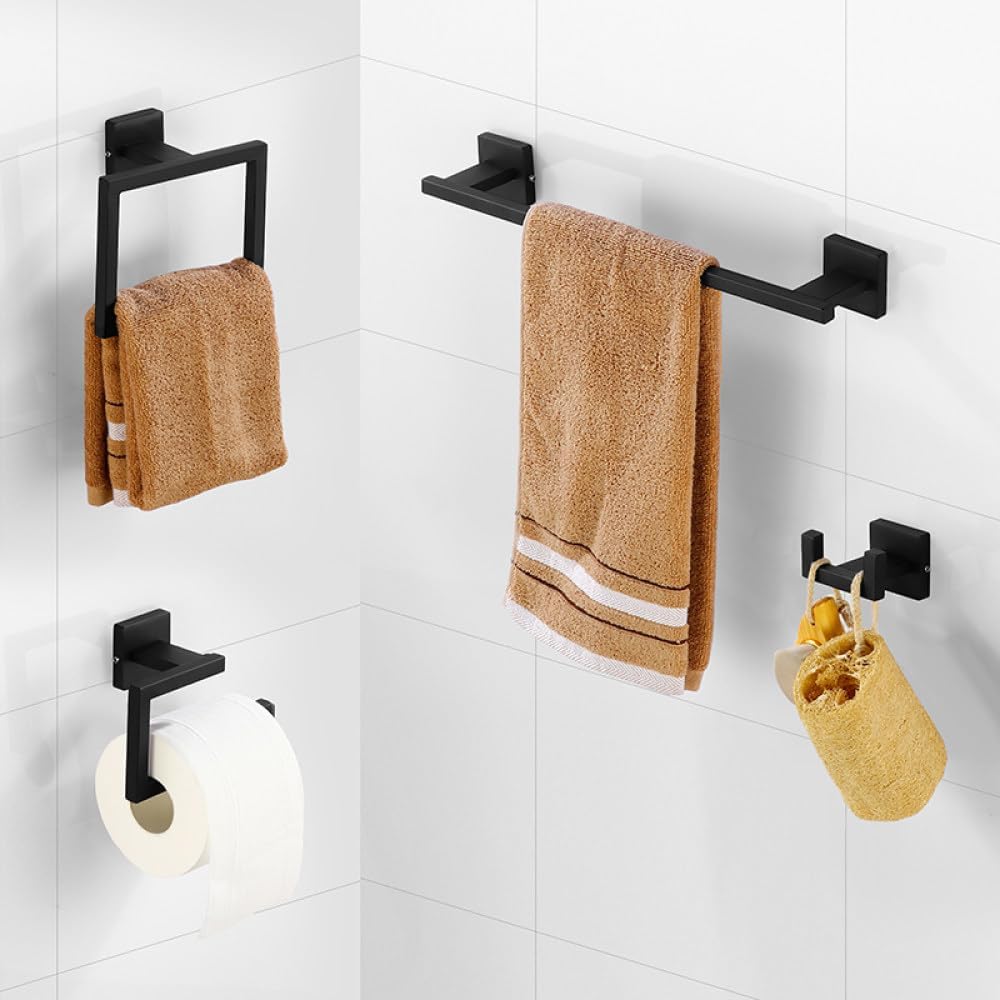Matte Black Gold Bathroom Accessories Set Wall Towel Holder Roll Paper Holder Towel Ring Robe Hook Stainless Steel Hardware Set,BK,Towel Ring