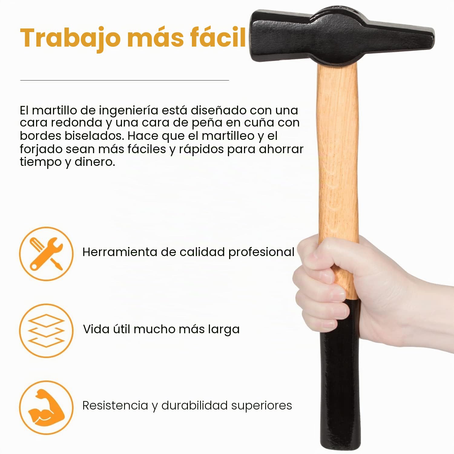 000811-1000 Martillo de forja 1000 g (000811-1000) Herramienta de forja profesional para trabajar metales