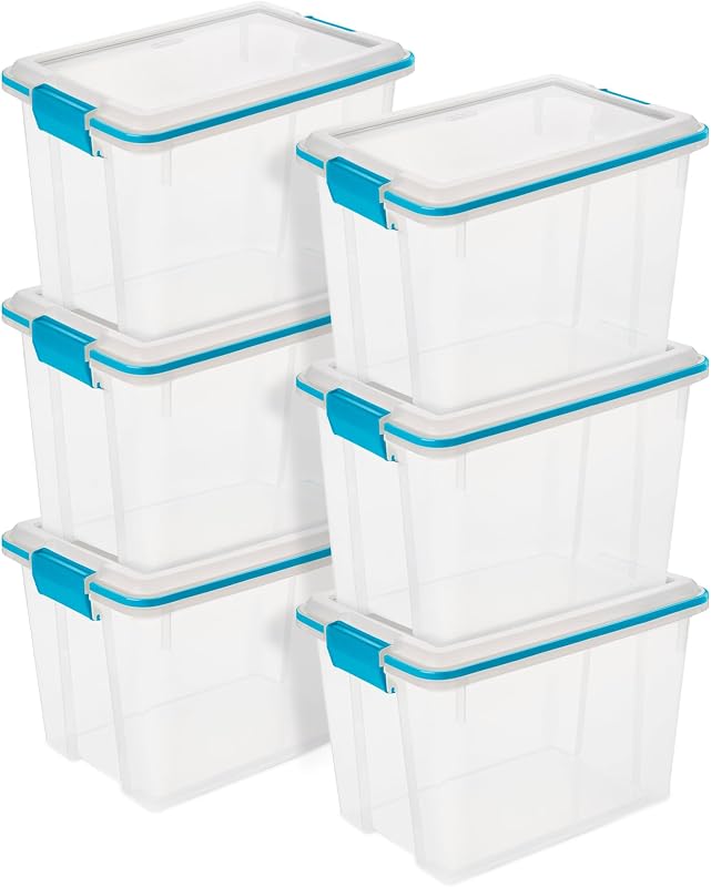 Paquete de 6 cajas de juntas, contenedores de almacenamiento de plástico transparente con tapas con cierre, 20 cuartos de galón, grandes contenedores apilables para el hogar, el armario, el baño y la organización de la oficina | Contenedores resistentes, apilables y organizadores para baño, gabinete, armario y garaje, pestillos transparentes y azules para acuario