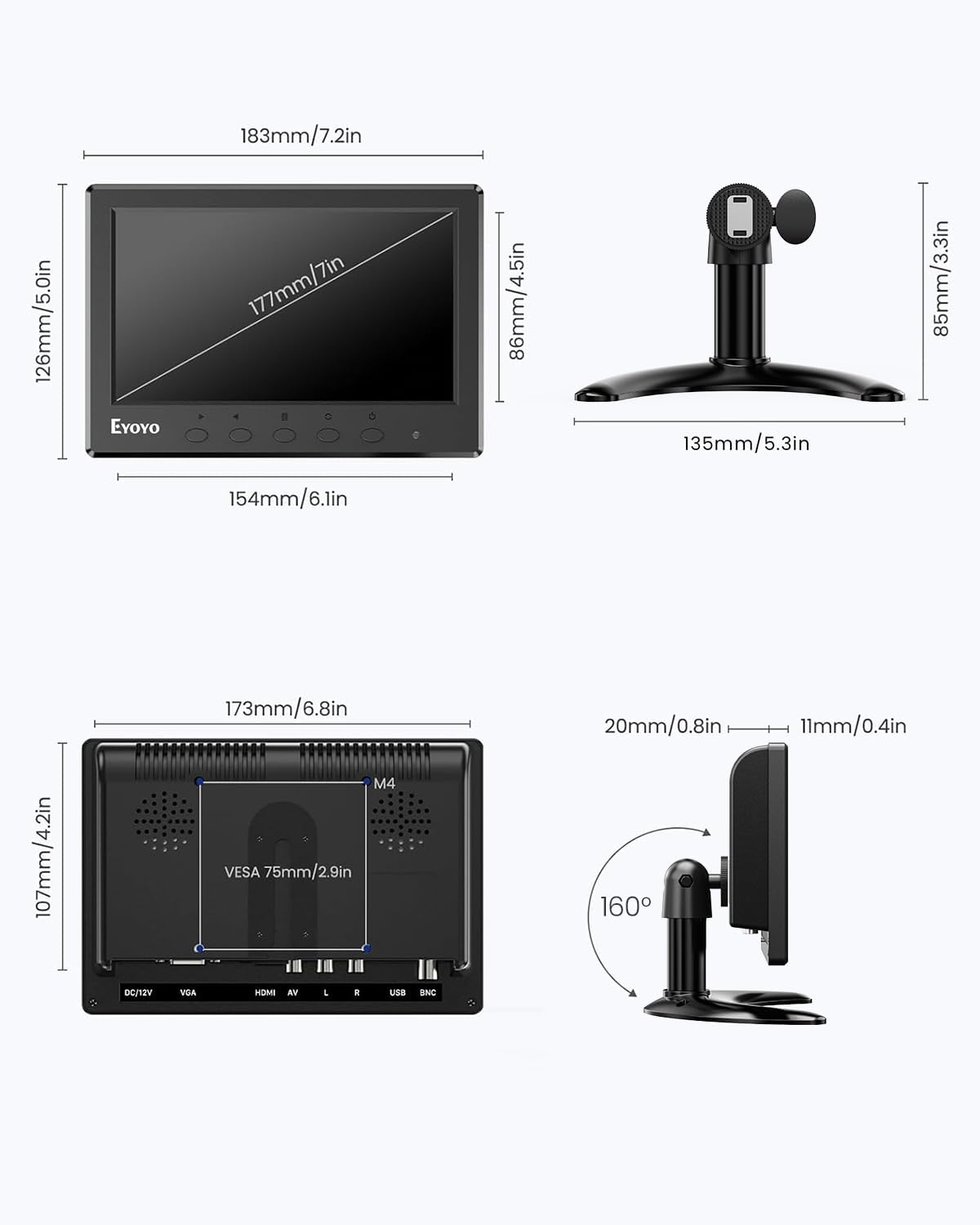 Detailed dimensions of the Eyoyo EM07C monitor and its stand.