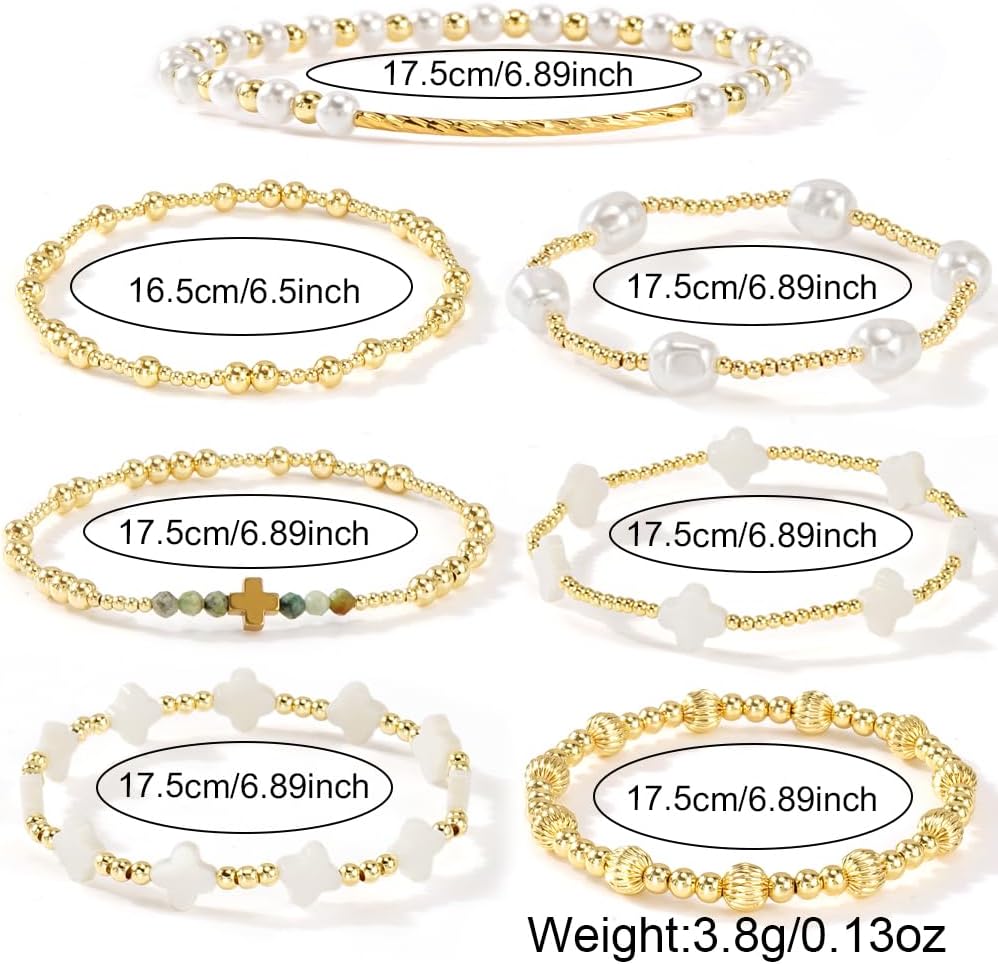 Gold Pearl Clover Shell Cross Bracelets for Women 7PCS Handmade Boho Beaded Bracelet Stack Stretch Stackable Gold Plated Beads Jewelry Accessories Trendy Birthday Prom Friendship Gift - Image 6