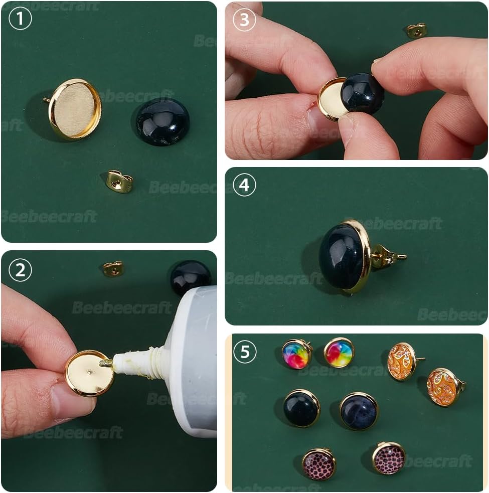 Beebeecraft 1 Box 80Pcs 4 Sizes Stud Earrings Findings 18K Gold Plated Stainless Steel Bezel Post Earrings Blanks 6mm 8mm 10mm 12mm Tray Earring Posts with Ear Nuts for Jewelry Making Supplies Crafts - Image 6