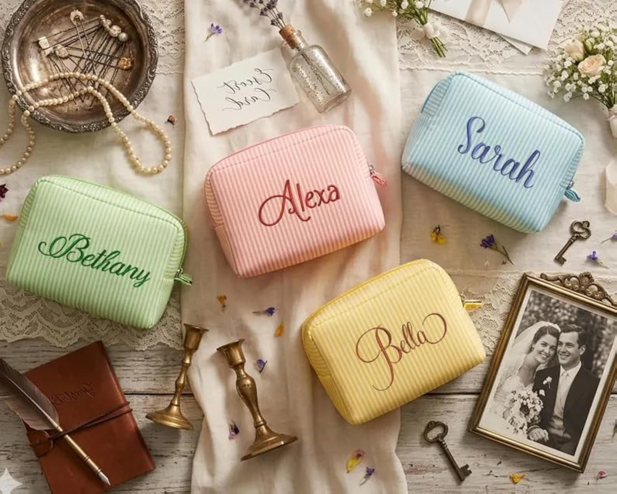 Personalised Striped Embroidered Cosmetic Bag, Customised