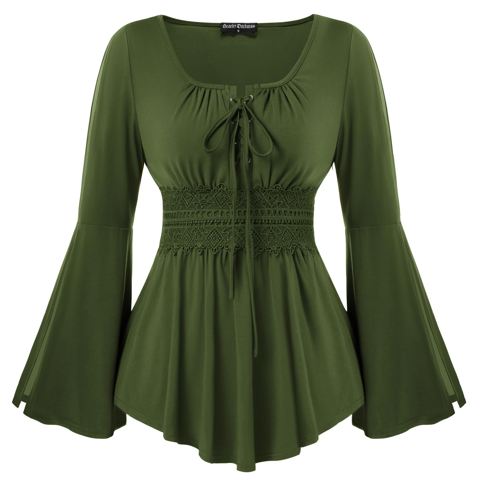 SCARLET DARKNESS Renaissance Trachtenbluse Damen Spitze Gesmockt U-Ausschnitt Tunika mit Bändern