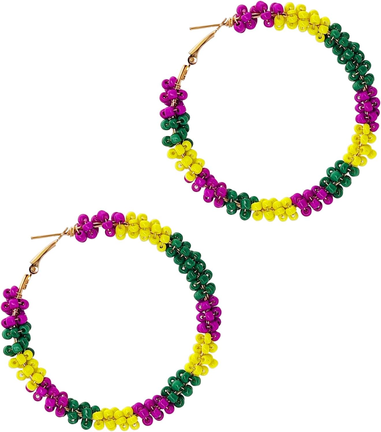 Mardi Gras Earrings for Women Purple Yellow Green Beaded Earrings Mardi Gras Hoop Earrings Mardi Gras Jewelry
