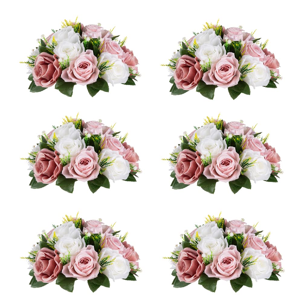 Inweder Flower Centerpieces for Wedding Tables: Wedding Table Decorations Dusty Rose & White Flower Balls Centerpieces for Engagement Cerebration Party Center Pieces 6 Packs — image 1