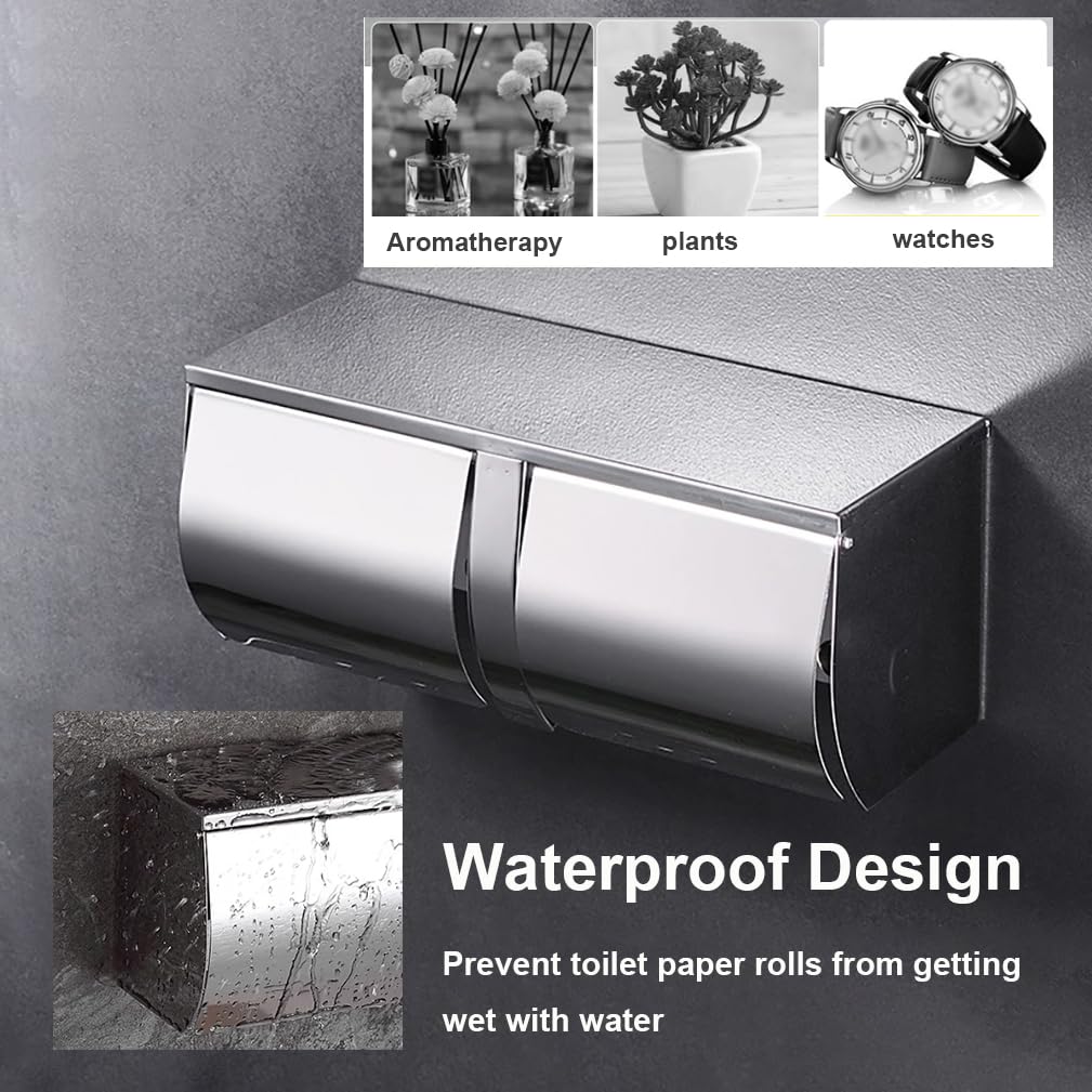 Commercial Double Roll Tissue Holder Toilet Paper Holder Dispenser with Shelf Wall Mounted Waterproof Bathroom Paper Roll Holder Toilet Paper Dispenser Cat Proof Toilet Paper Cover, Stainless Steel