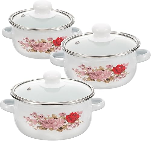 Juego de utensilios de cocina esmaltados de 3 piezas, olla de esmalte con tapa floral retro olla de sopa profunda para restaurante casero