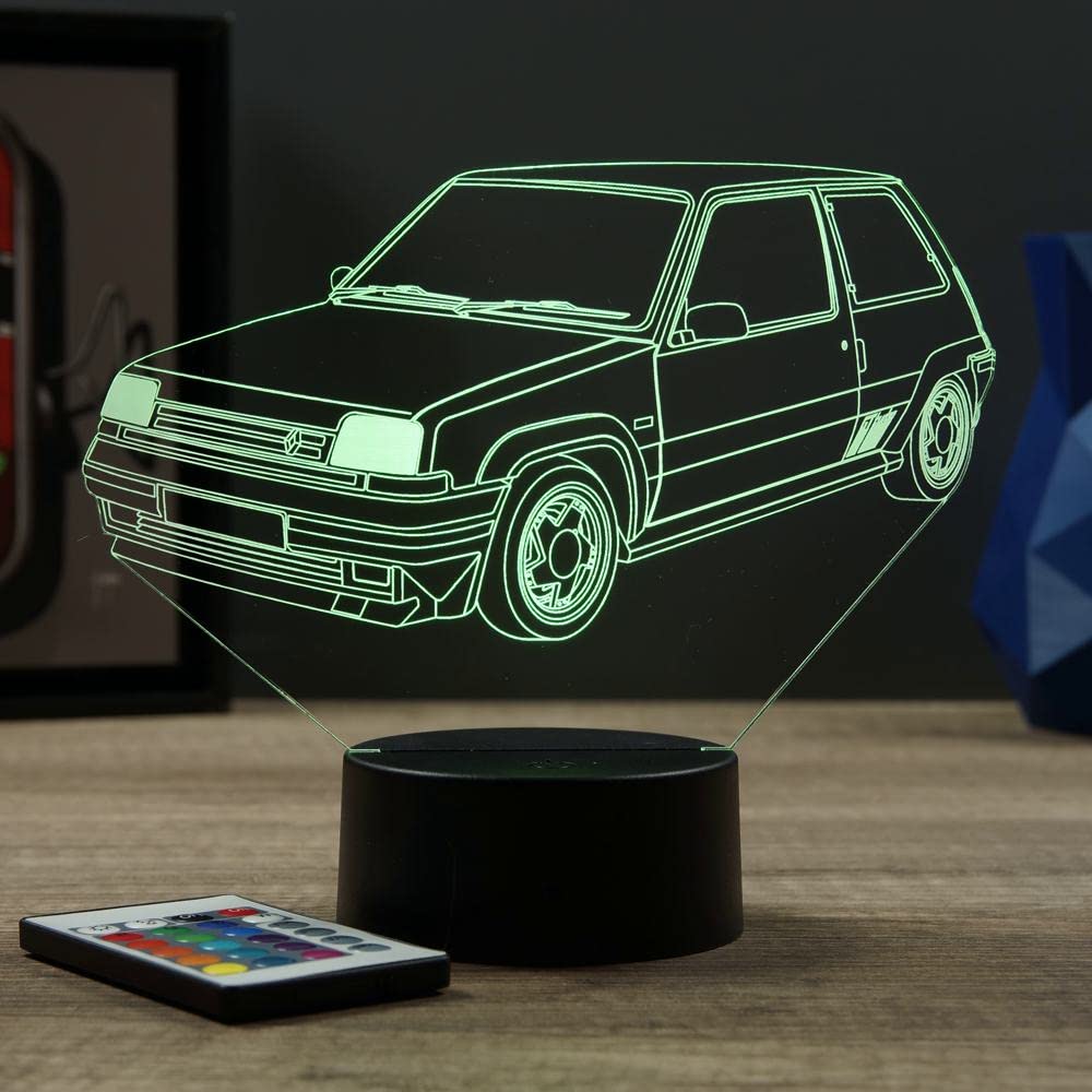 Lampe LED 3D Renault Super 5 GT Turbo Personnalisée Prénom – Veilleuse 16 Couleurs + Télécommande – Cadeau Passion Voiture Ancienne & Youngtimer – Fabrication Française Artisanale