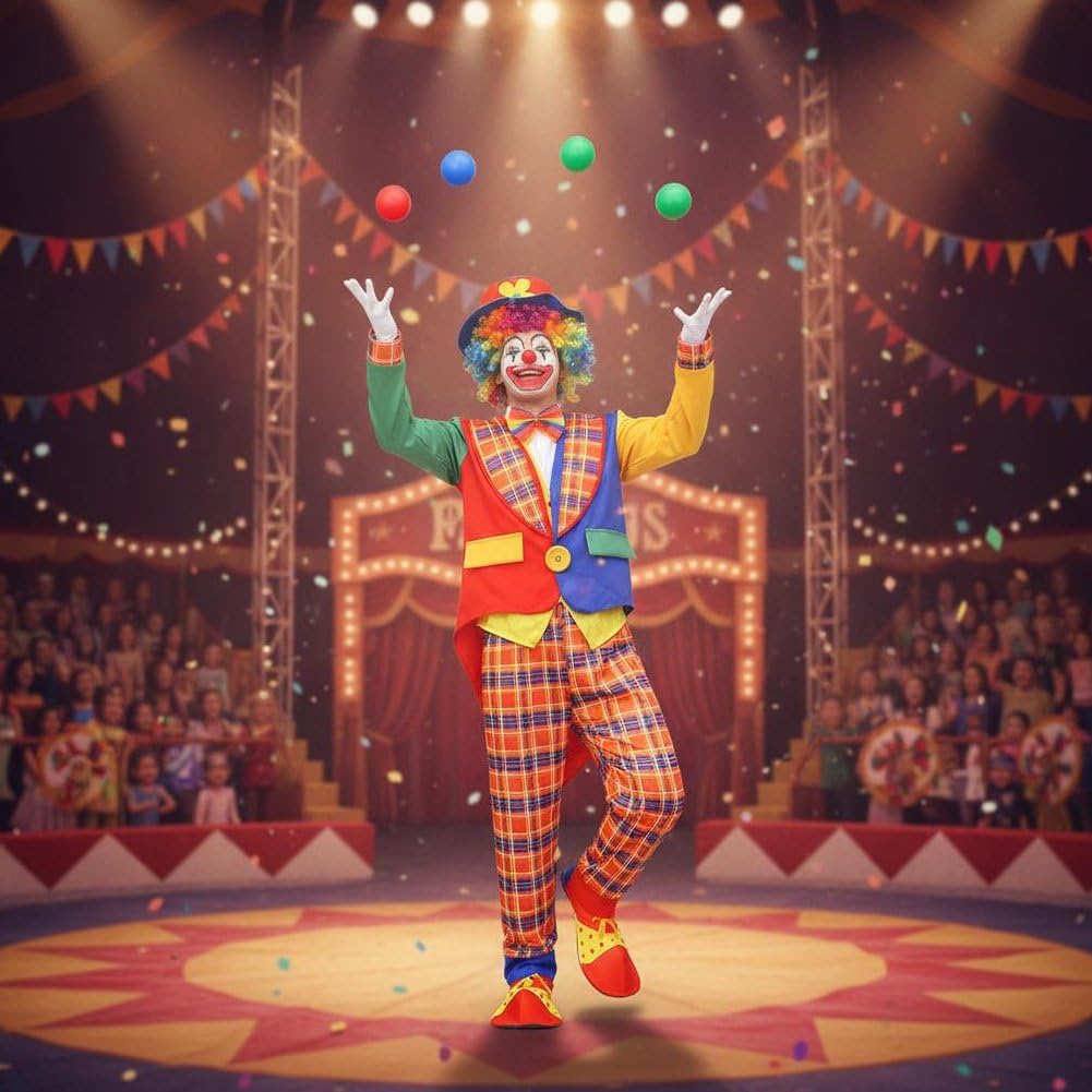 1 Set di Costume Clown Circo per Adulti, Completo di Parrucca, Maschera, Borsa, Scarpe E Guanti. Divertente Costume Clown per Travestirsi.