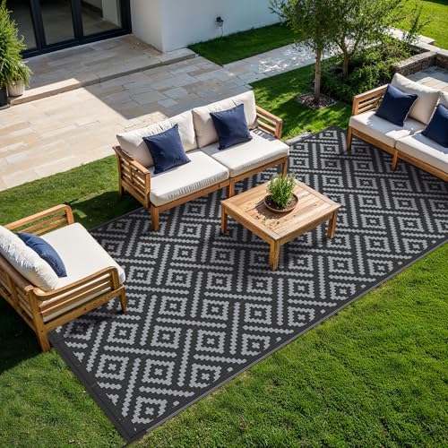 Image of GENIMO Outdoor Rug, Waterproof Plastic Rugs 9'x18' for Camping Black Grey | Outside Larger Modern Carpet Mat for Patio Decor, RV, Porch, Camper, Deck, Picnic, Beach, Backyard, Reversible, Foldable