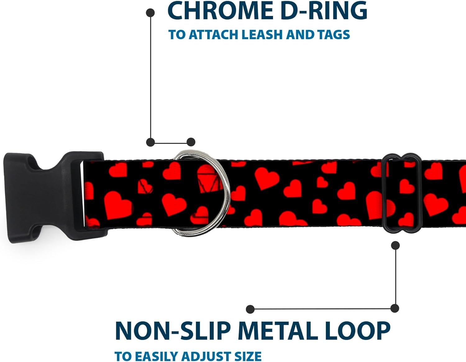 Buckle-Down Plastic Clip Collar - Hearts Scattered Black/Red - 1.5" Wide - Fits 16-23" Neck - Medium