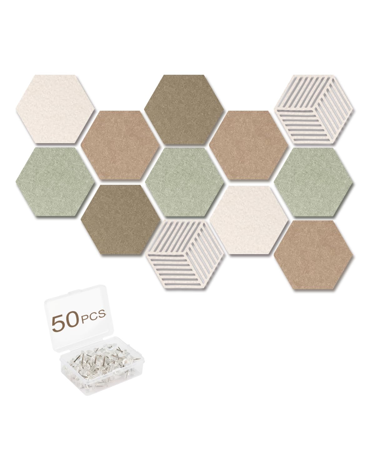 Acidea 12Pcs Hexagon Felt Cork Boards for Walls, Brown Sage Green Self Adhesive DIY Bulletin Board Titles Vision Board with 50 Push Pins, Pin Board for Office School Home Wall Decor Photo Display Memo
