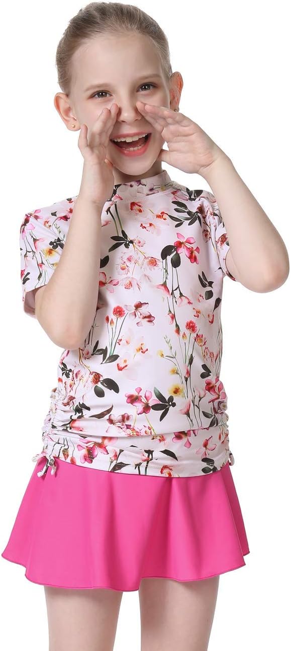 Cadocado Girls Swimsuit Rash Guard Girls' Swimwear Short Sleeve Bathing Suit 3 Pieces Kids Floral Swim Set with Skirt - Image 2