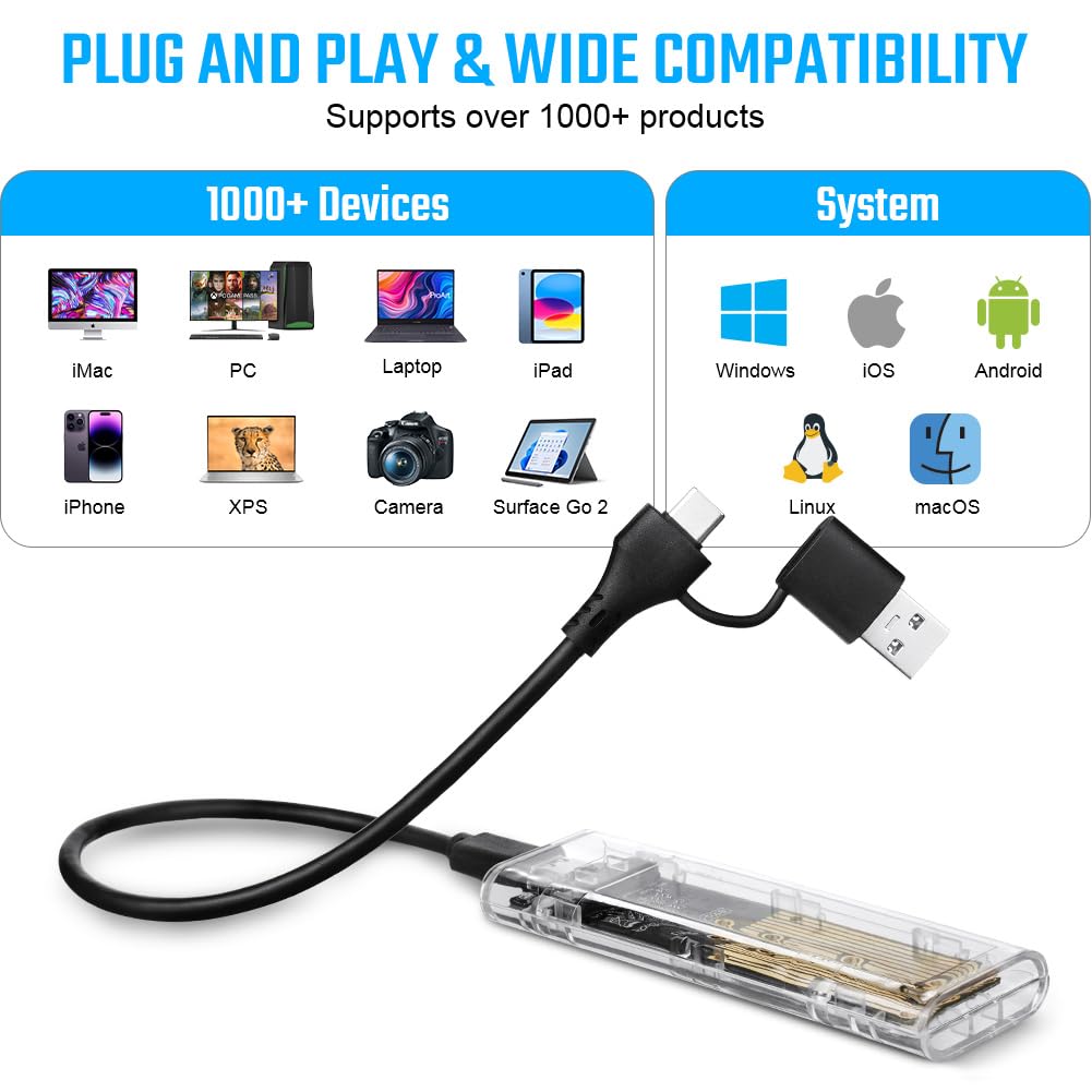 AXFEE Case SSD NVME, USB 3.1 Gen 2 10Gbps UASP per NVMe PCIe M-Key/M+B Key, 10Gbps Adattatore USB, Enclosure Lettore M2 per SSD Size 2230/2242 / 2260 / 2280, con UASP adattatore m2