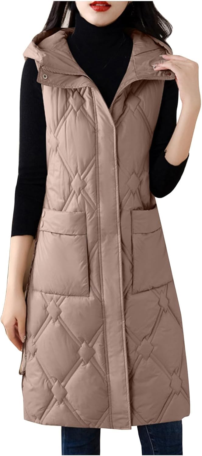 XUNRYAN 2023 Winter Teen Girls Quilted Lightweight Puffer Jacket Long Sleeveless Vest Down Coat Warm Gilet Waistcoat Outwear