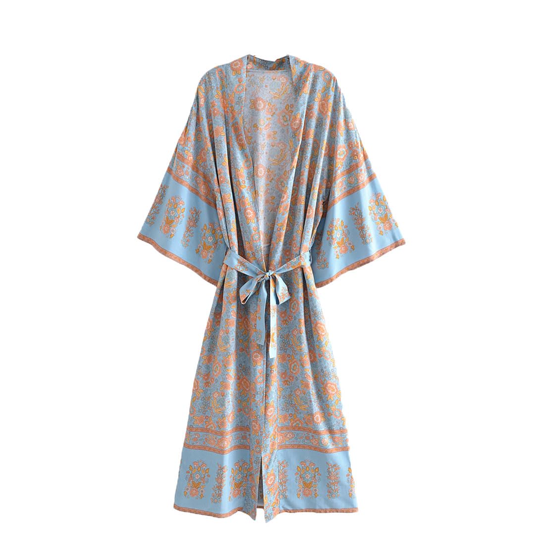 Kimono bohemio estilo playa cuello en V manga murciélago estampado floral bikini cubierta caftán