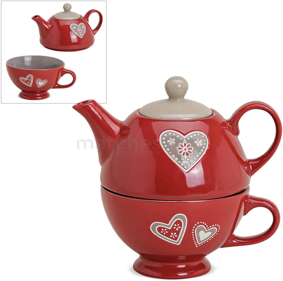 matches21 Tea For One 2-Piece Tea Pot Set Country House & Hearts Ceramic Gift Set 400 ml