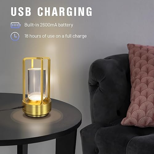 Miniatura 4 de Lámpara de mesa inalámbrica para interiores y exteriores, lámpara de escritorio de metal portátil, lámpara LED recargable de cristal, toque de