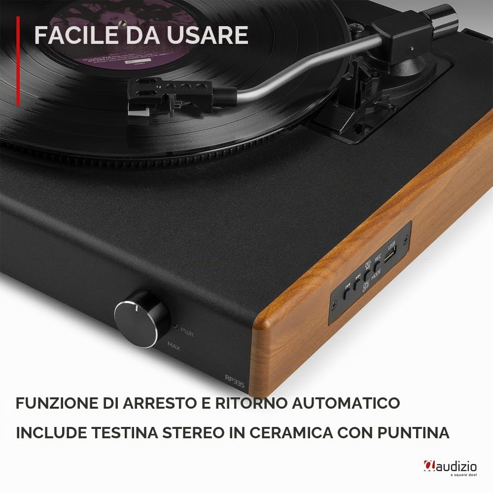 Audizio RP335 - Giradischi in stile retrò con altoparlanti stereo da 40 W, sistema stereo Bluetooth, conversione MP3 USB, piedini ammortizzanti, design vintage