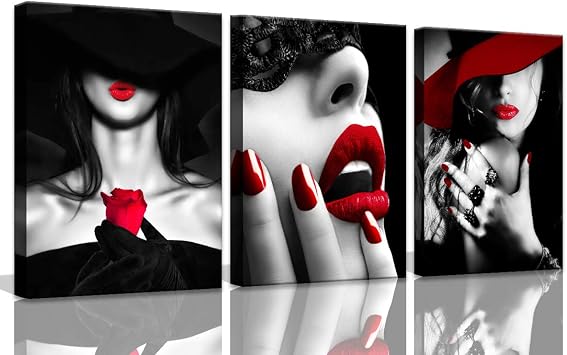 Bedroom Decor for Women Red Lips Black and White Bathroom decor wall art Red Rose Fashion Room Decor Office Modern Art Wall Decor 3 Pieces Canvas Wall Art for Kitchen Home Decorations 12x16inchx3pcs