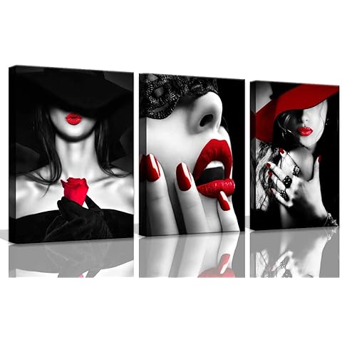 Bedroom Decor for Women Red Lips Black and White Bathroom decor wall art Red Rose Fashion Room Decor Office Modern Art Wall Decor 3 Pieces Canvas Wall Art for Kitchen Home Decorations 12x16inchx3pcs