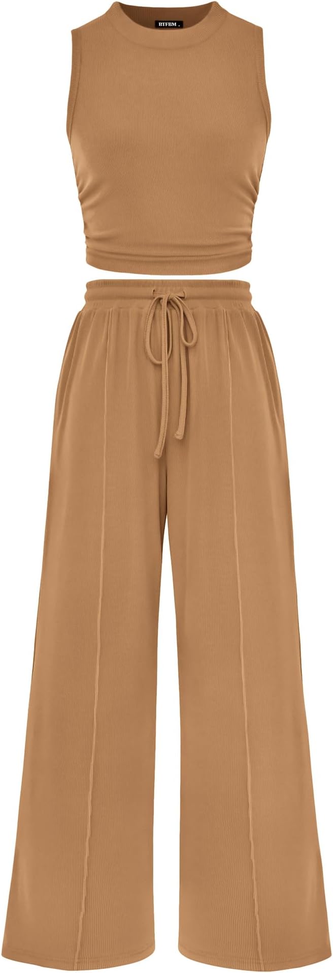 BTFBMWomen Summer 2 Piece Outfits 2025 Beach Crew Neck Sleeveless Cropped Top Elastic Waist Wide Leg Pants Lounge Set