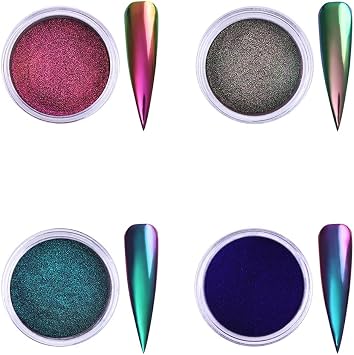 4pcs/Set Chameleon Effect Nail Glitter Powder Mirror Metallic Pigment Nail Art Dust Polish Chrome Shining Pigment DIY Decor Mermaid Effect Chrome Pigment Dust Decor with Brush Set-3