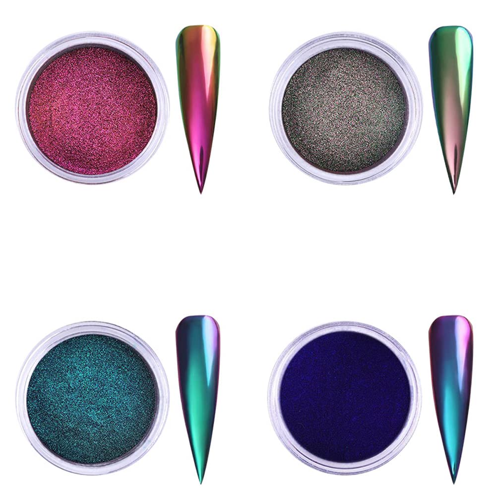 4pcs/Set Chameleon Effect Nail Glitter Powder Mirror Metallic Pigment Nail Art Dust Polish Chrome Shining Pigment DIY Decor Mermaid Effect Chrome Pigment Dust Manicure Decor with Brush (Set-3)-image-22