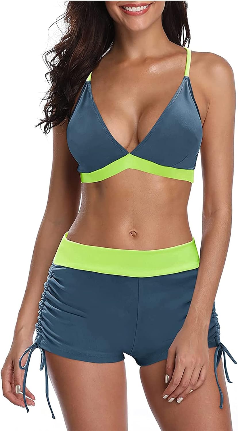 Century Star Women Two Piece Swimsuit with Boy Shorts - Modest Swimming Suits High Waisted Bathing Suits Bikini Set A Fluorescence 8-10