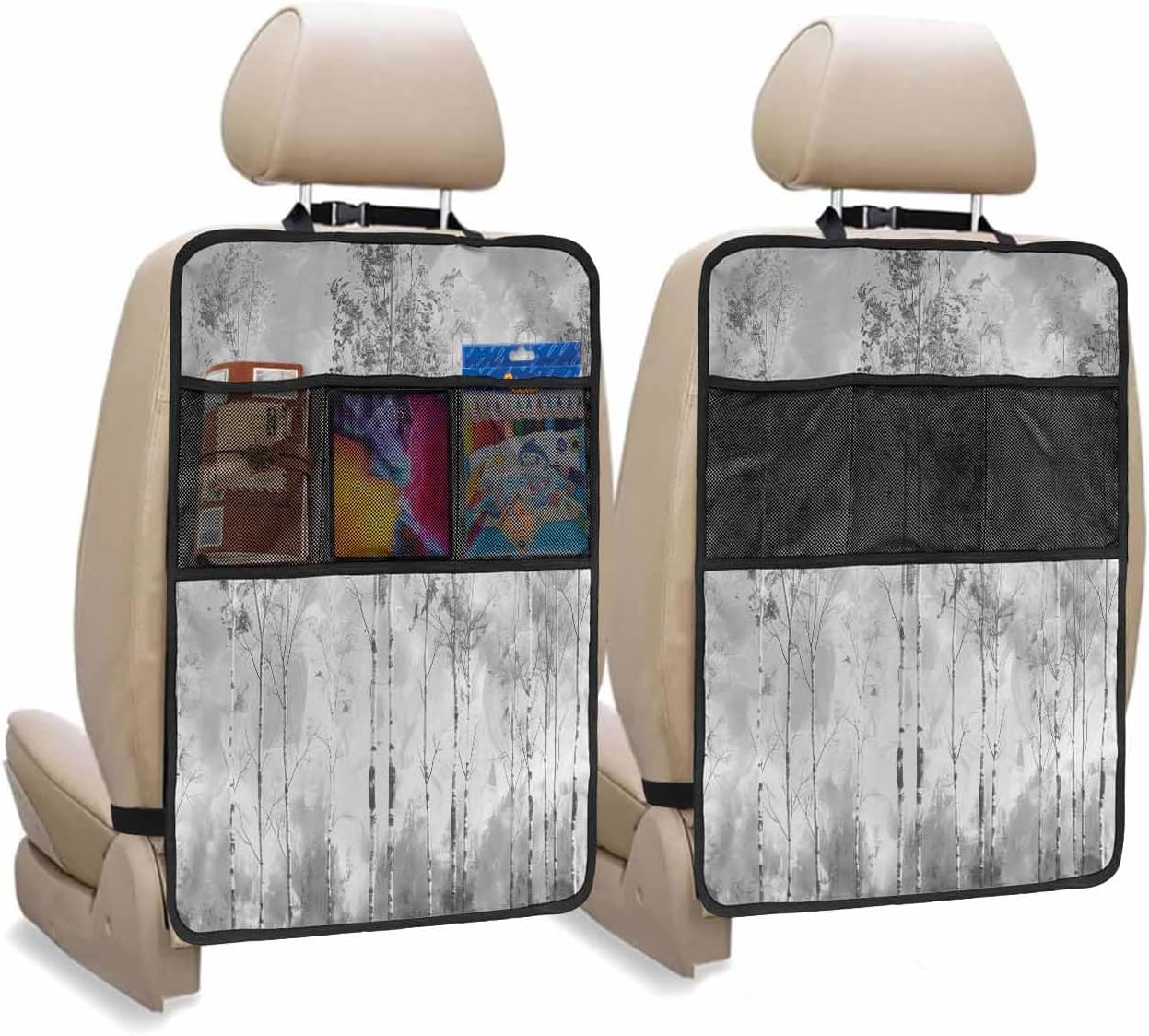 Car Seat Protector, 2 Pack Kick Mats with Organizer - 3 Pocket Storage, Grey Trees Forest Impressionist Oil Painting Art Back Seat Cover for Kids Universal Fit Automotive Interior Protectors